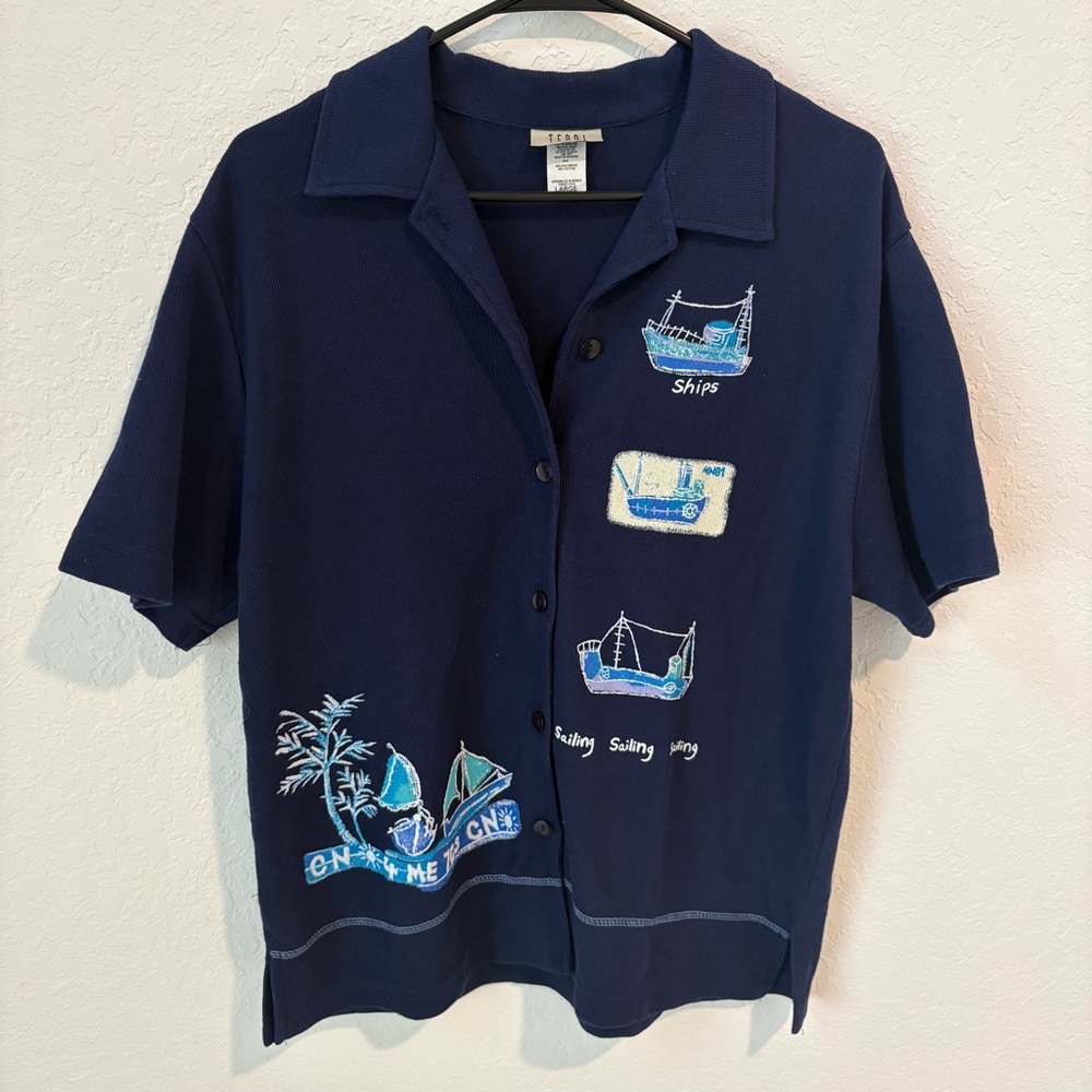 TEDDI Vintage Navy Blue Button-Up Shirt, Painted Coastal Detail, Size Large